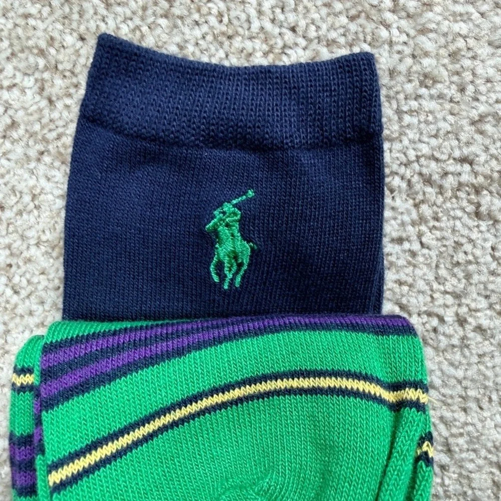 Ralph Lauren Girls 2 Pack Crew Socks Navy Green Striped Pony Logo Size 8-9.5 NEW